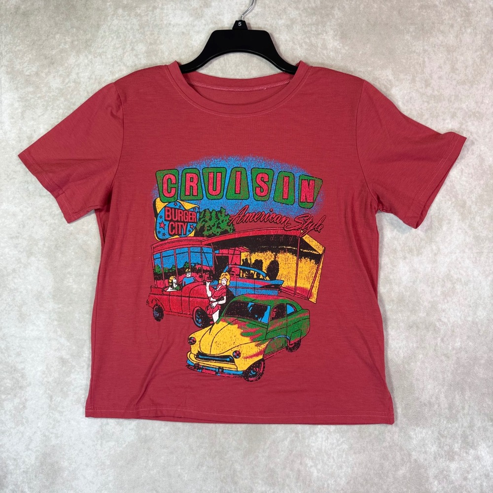 Graphic Tee Men M Red Burger City Cruisin American Style Hot Rod Classic Retro